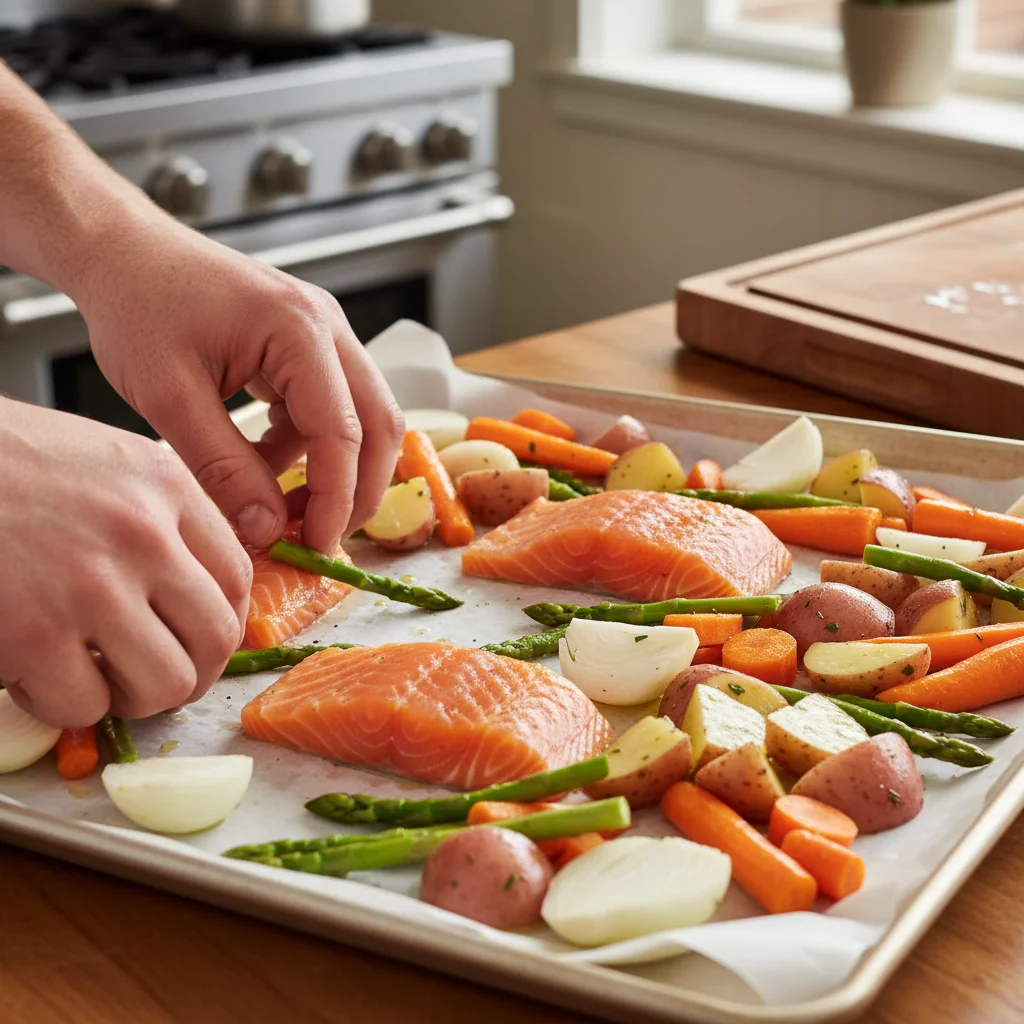 Preparing a healthy one-pan salmon and vegetable meal.