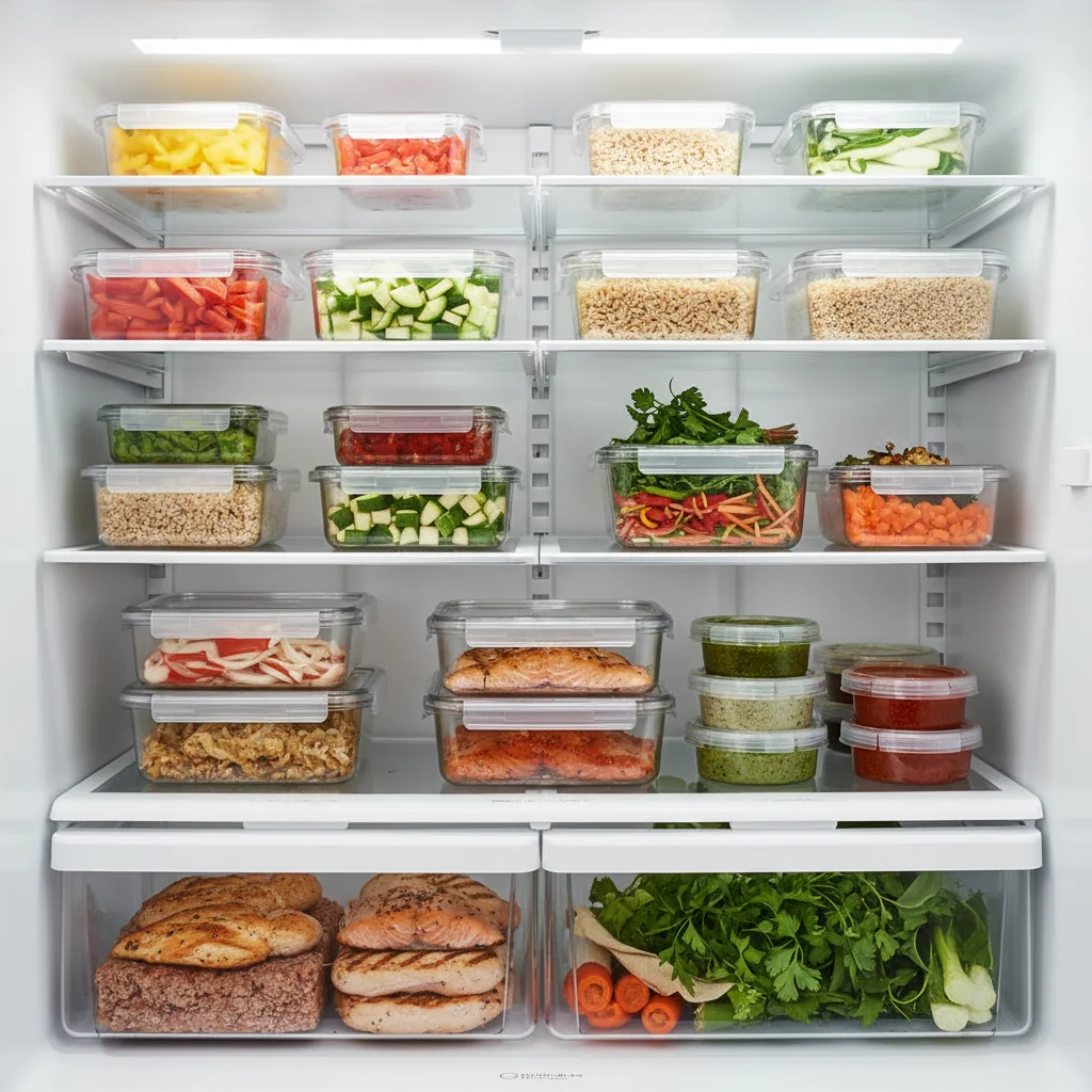 Prepped healthy meals stored in containers in refrigerator