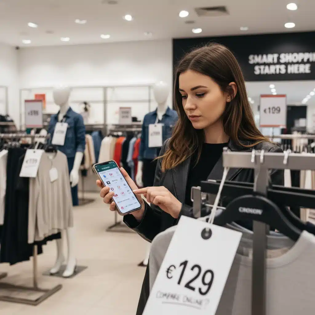 Person comparing prices on phone in clothing store
