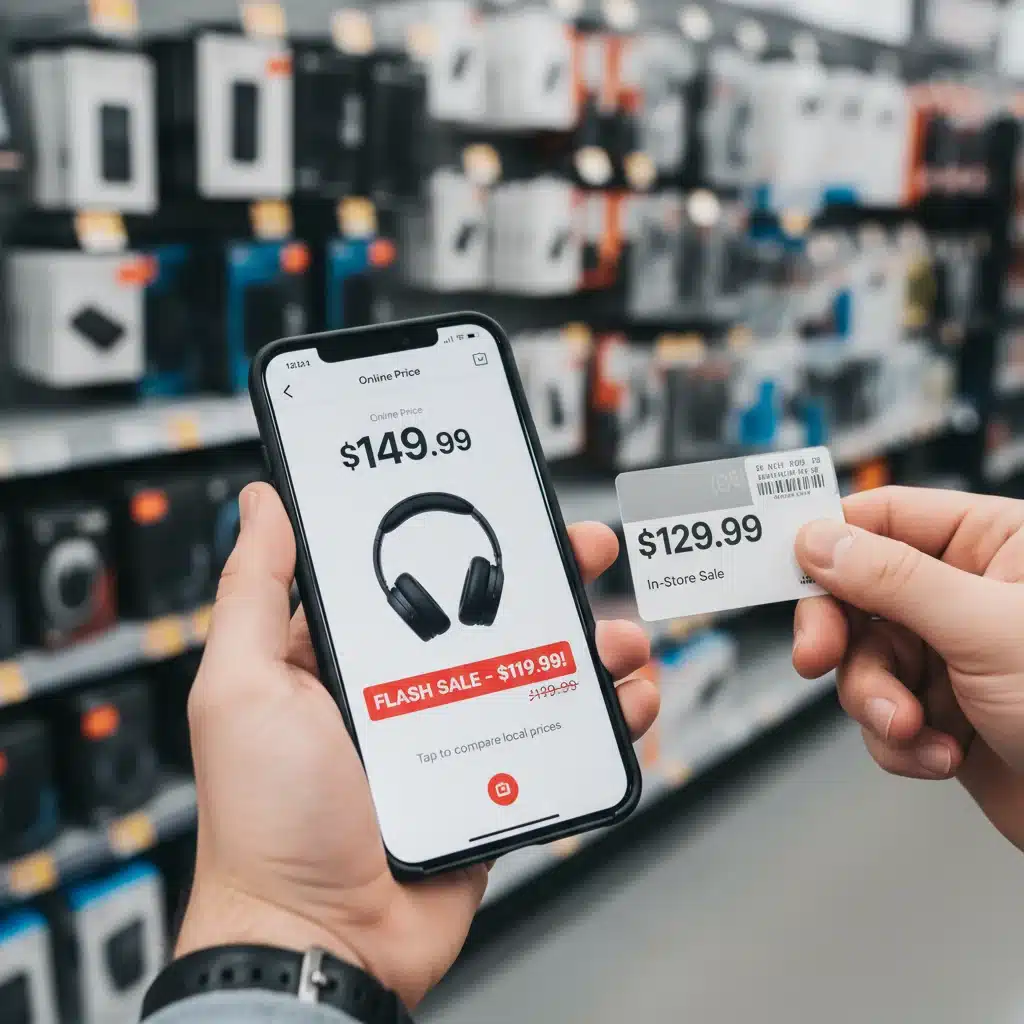 Person comparing online and in-store prices on a smartphone during a sale