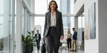 Professional woman in power suit entering modern office