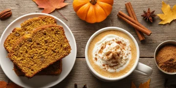 Assortment of pumpkin spice flavored foods and drinks for fall.