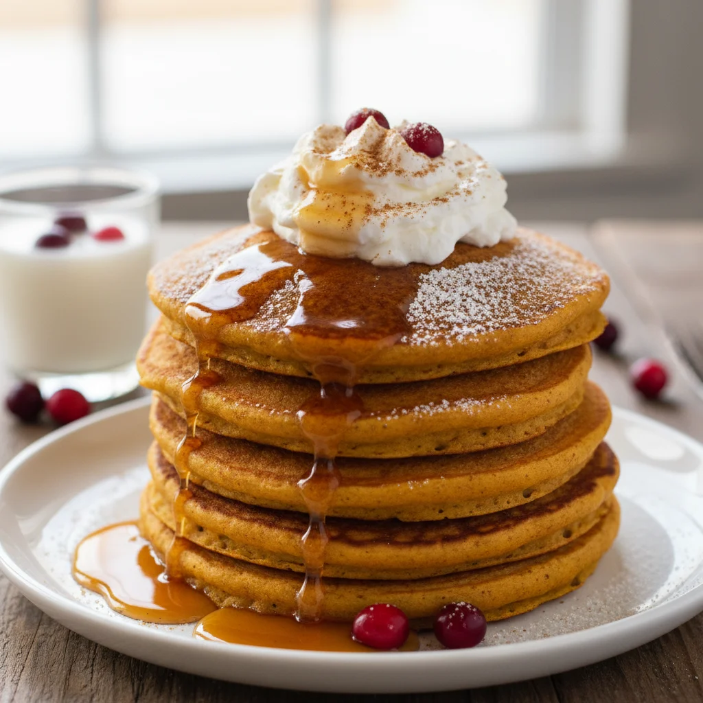 Delicious stack of pumpkin spice pancakes with syrup and whipped cream.