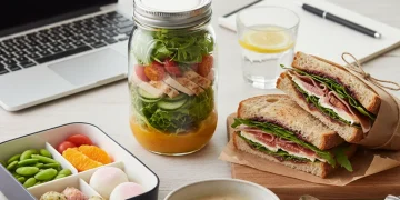 Variety of quick and healthy lunch options for remote workers, beautifully presented on a desk.