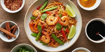 Overhead view of a delicious quick meal surrounded by flavor-boosting ingredients.