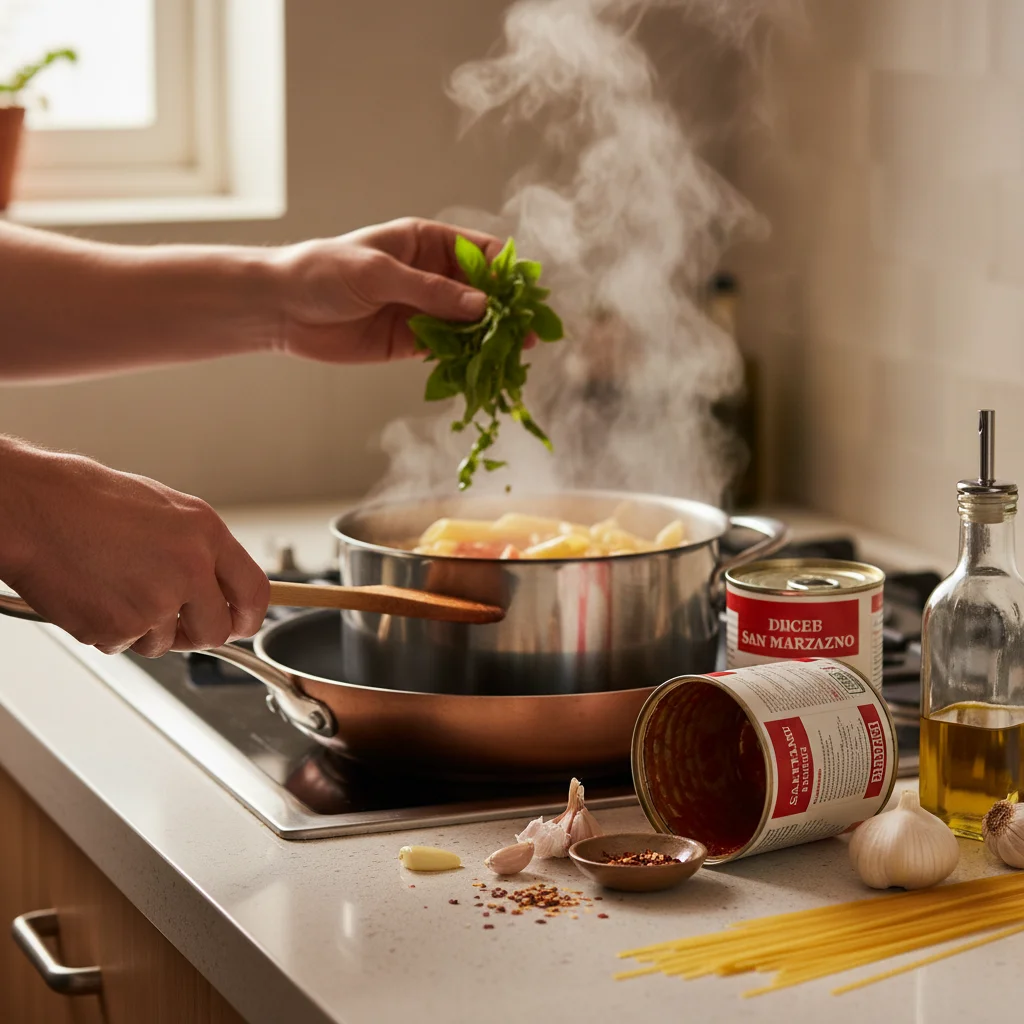 Hands preparing a quick pasta dish for an emergency weeknight meal