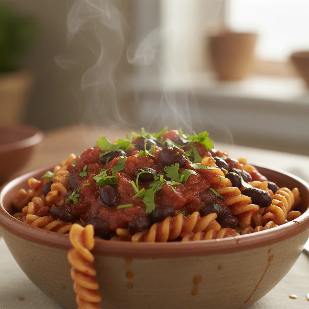 Delicious and quick pasta dish with tomato and black bean sauce, garnished with fresh herbs.