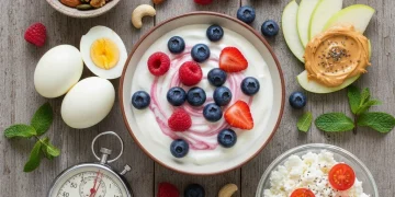 Assortment of quick protein-packed snack ideas like yogurt, nuts, and fruit