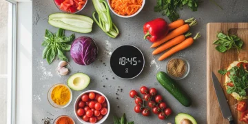 Colorful fresh ingredients and cooking timer for quick vegetarian dinners