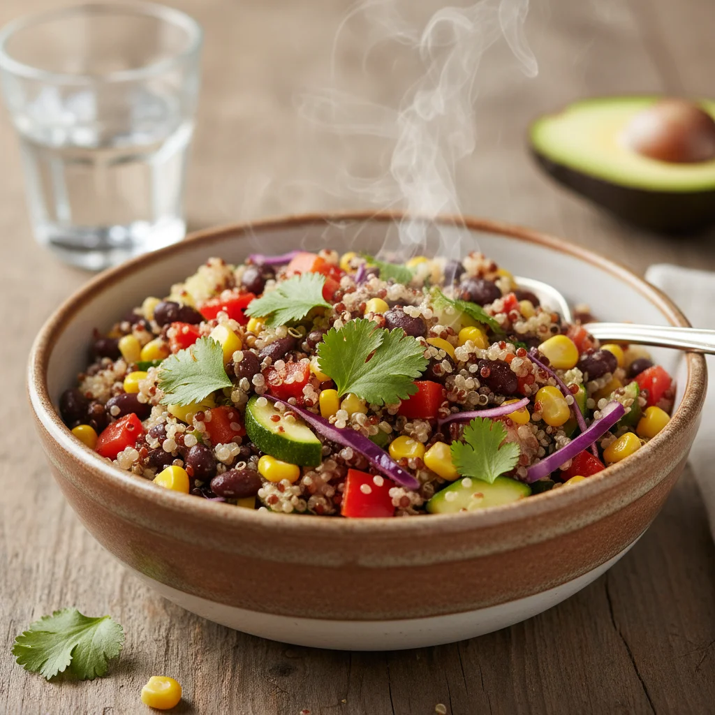 Bowl of quinoa with black beans and vegetables for protein