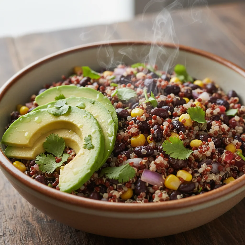 Quinoa and black bean salad with fresh avocado and cilantro, a healthy and quick dinner option.
