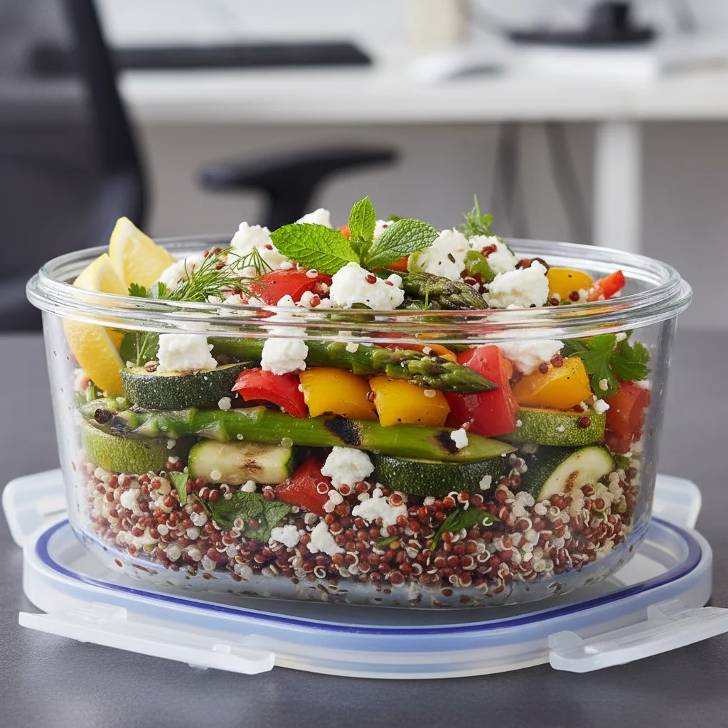Close-up of a vibrant quinoa salad with grilled vegetables in a picnic container