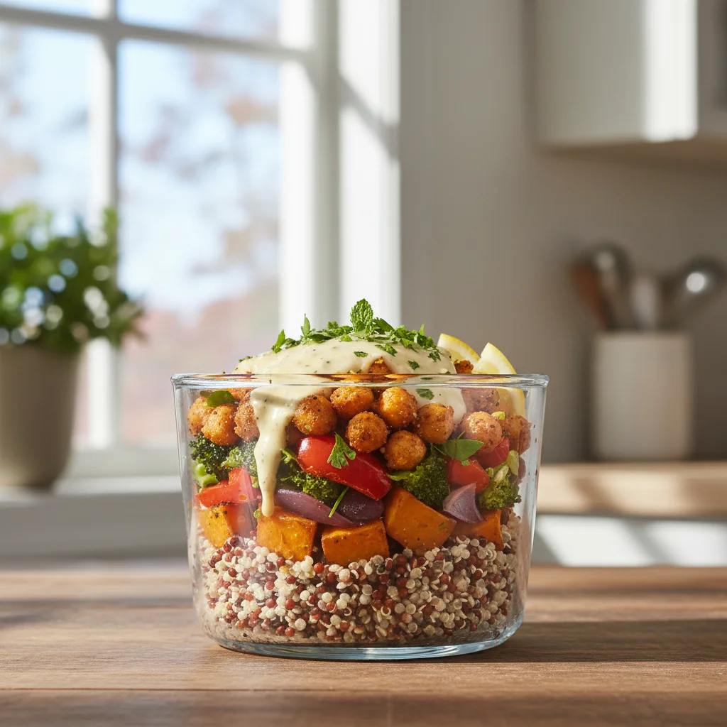 Colorful quinoa salad with roasted vegetables and chickpeas, ideal for a quick healthy lunch.