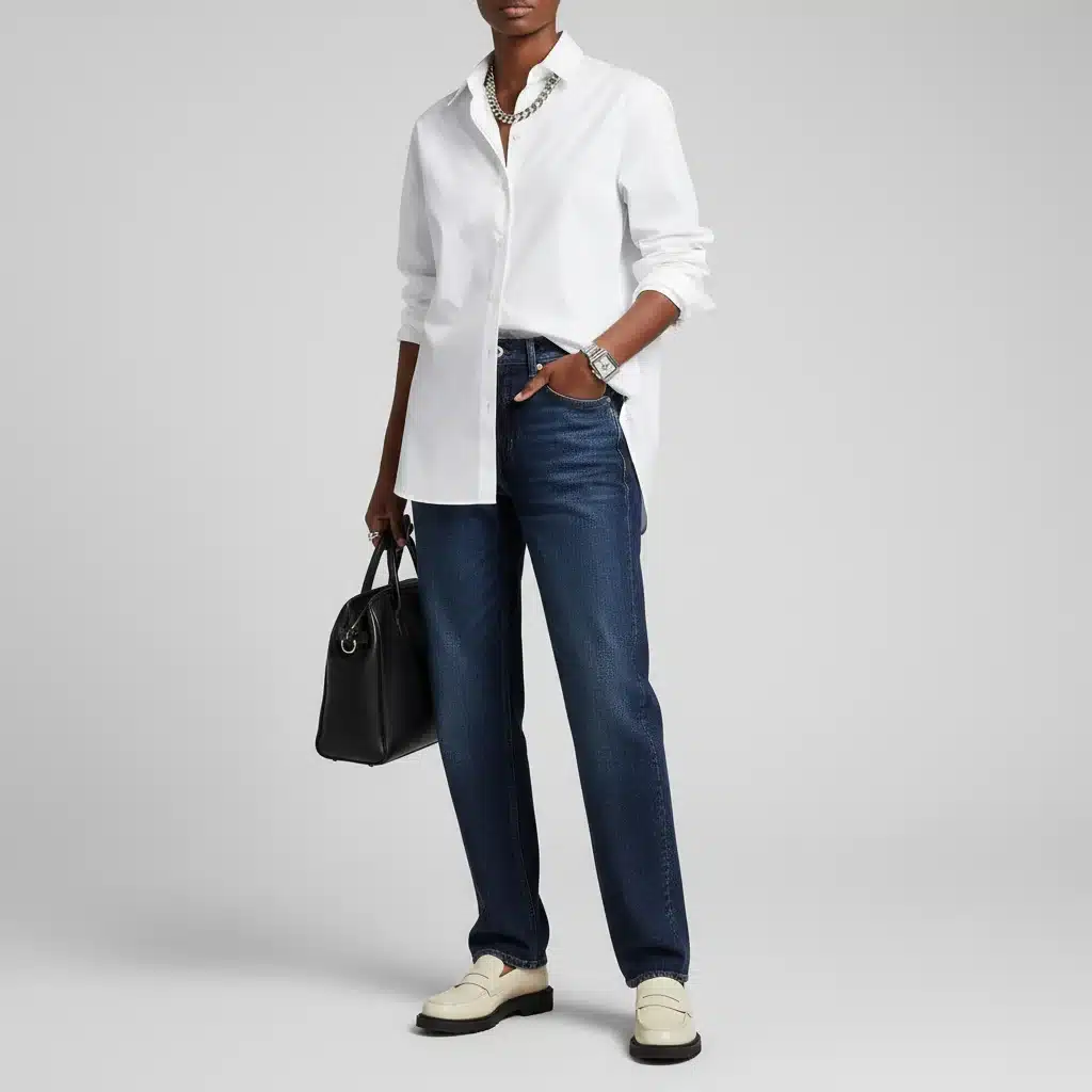 Person wearing relaxed straight-leg raw indigo denim