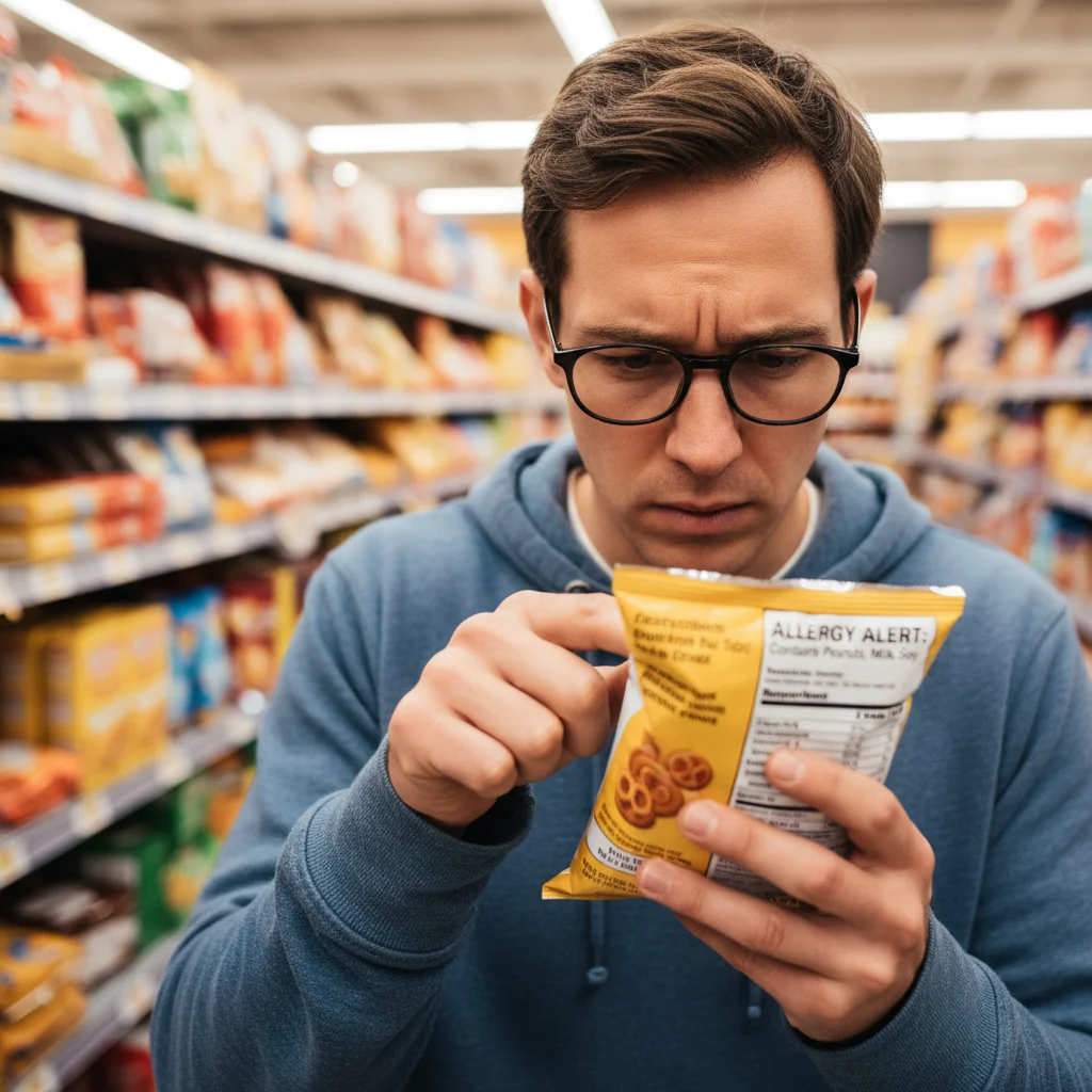 Person meticulously reading food nutrition label in supermarket aisle