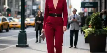 Woman in red one-piece jumpsuit walking confidently