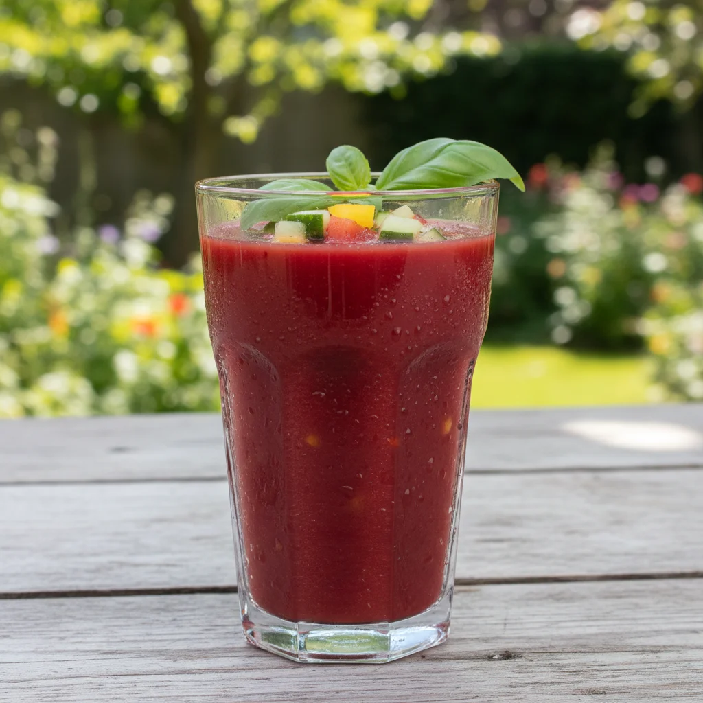 Chilled gazpacho soup with basil garnish.