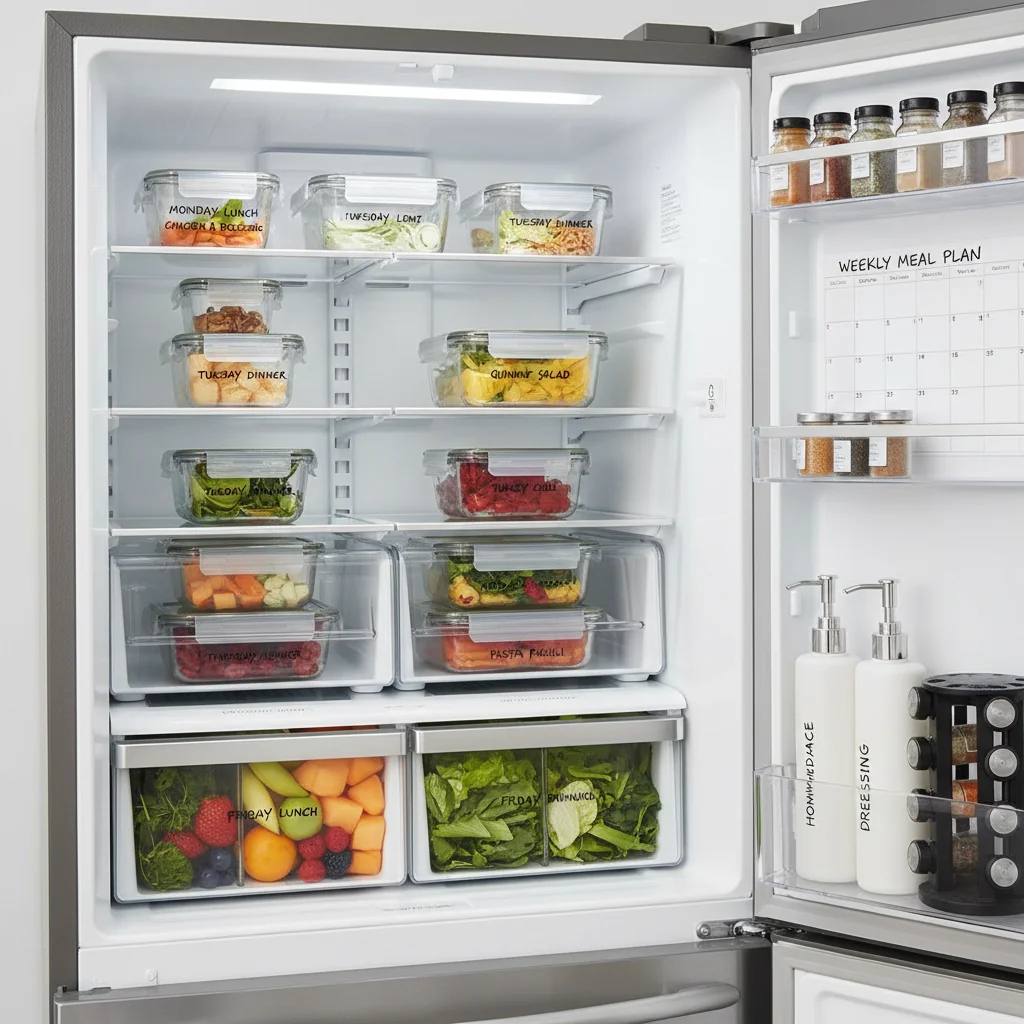 Neatly organized refrigerator with labeled meal prep containers.