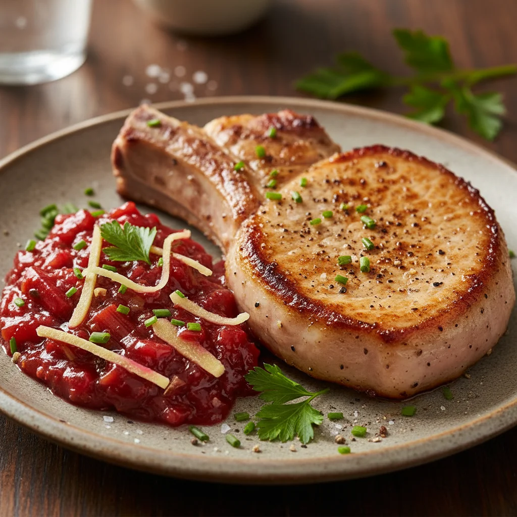 Savory rhubarb and ginger chutney accompanying a seared pork chop, showcasing rhubarb's versatility.