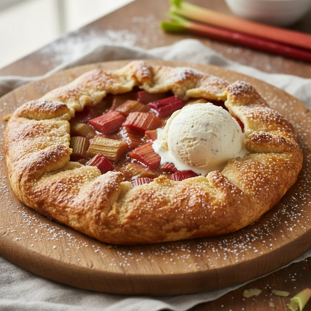 Rustic rhubarb galette with flaky crust and sweet-tart filling, dusted with powdered sugar and served with ice cream.