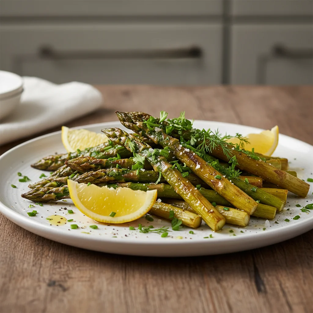 Perfectly roasted asparagus spears with lemon and herbs on a plate