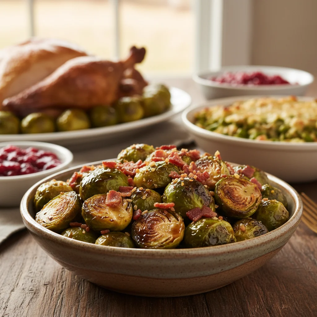 Roasted Brussels sprouts with balsamic glaze and crispy bacon.
