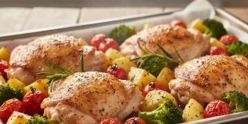 Golden roasted chicken and vibrant vegetables on a baking sheet, fresh from the oven, ready to serve.