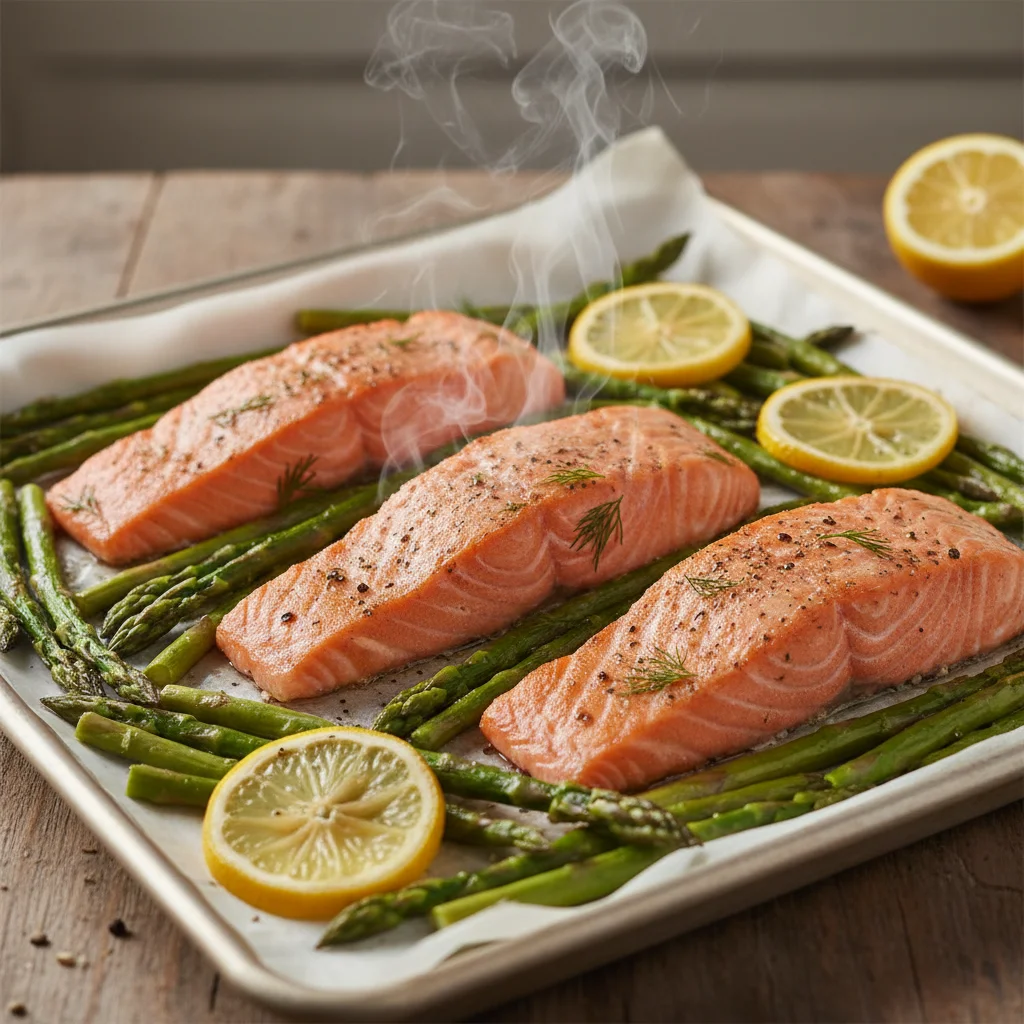 Flaky roasted salmon with tender asparagus and lemon slices on a sheet pan.
