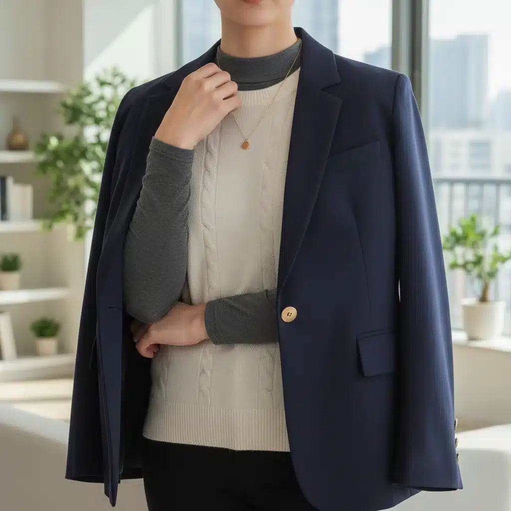 Person demonstrating the rule of three layering with thermal top, sweater, and blazer.