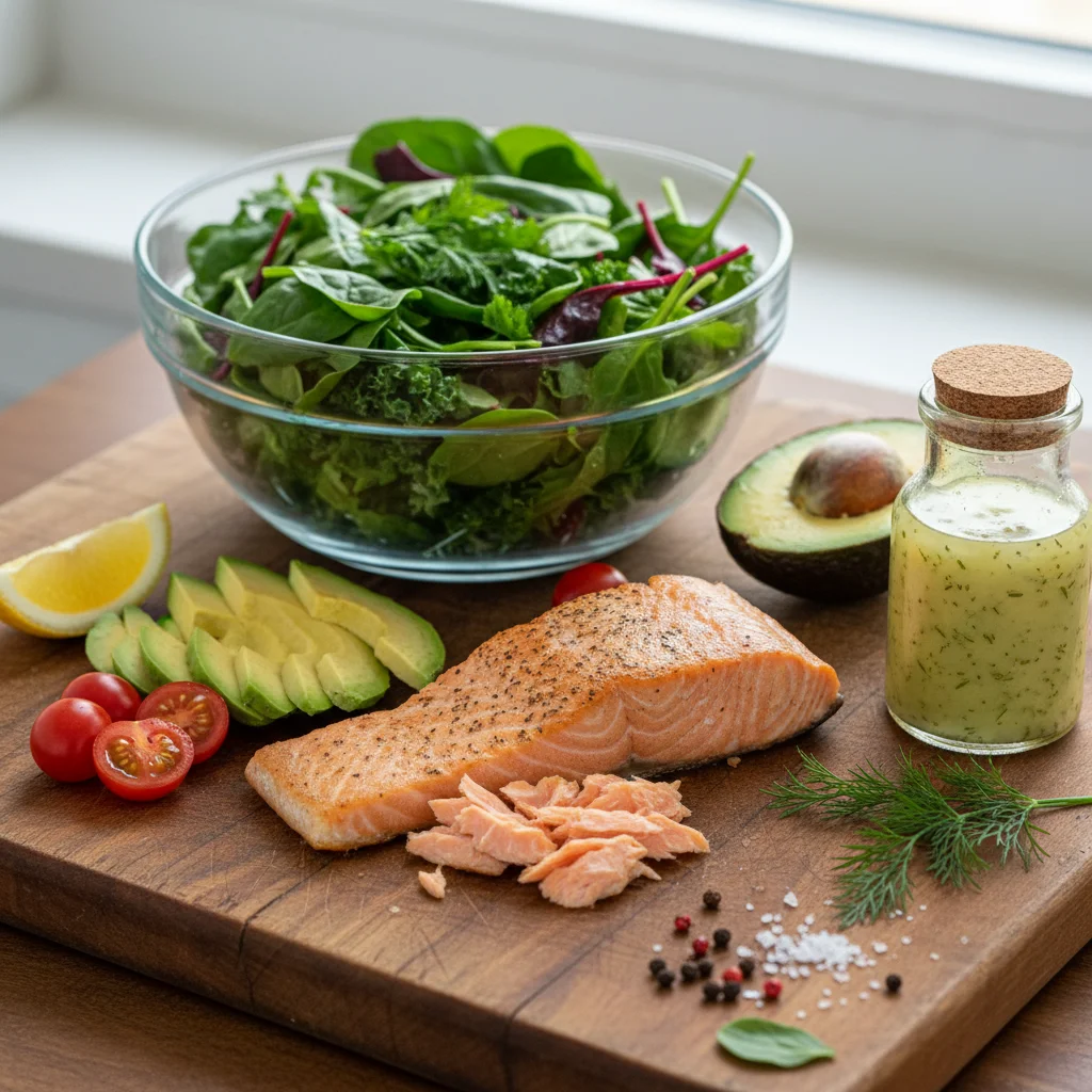 Ingredients for a salmon and avocado salad laid out on a wooden cutting board.