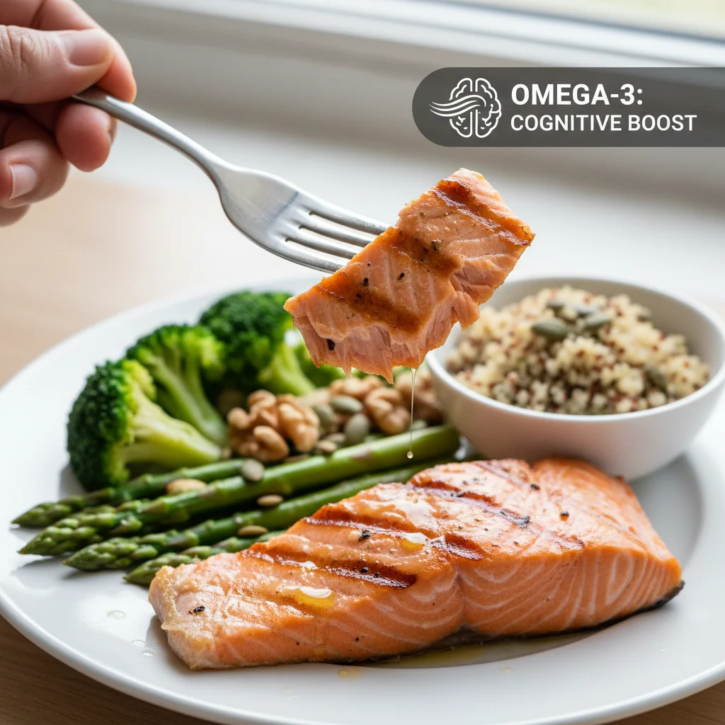 Grilled salmon being served, rich in omega-3 fatty acids for cognitive function
