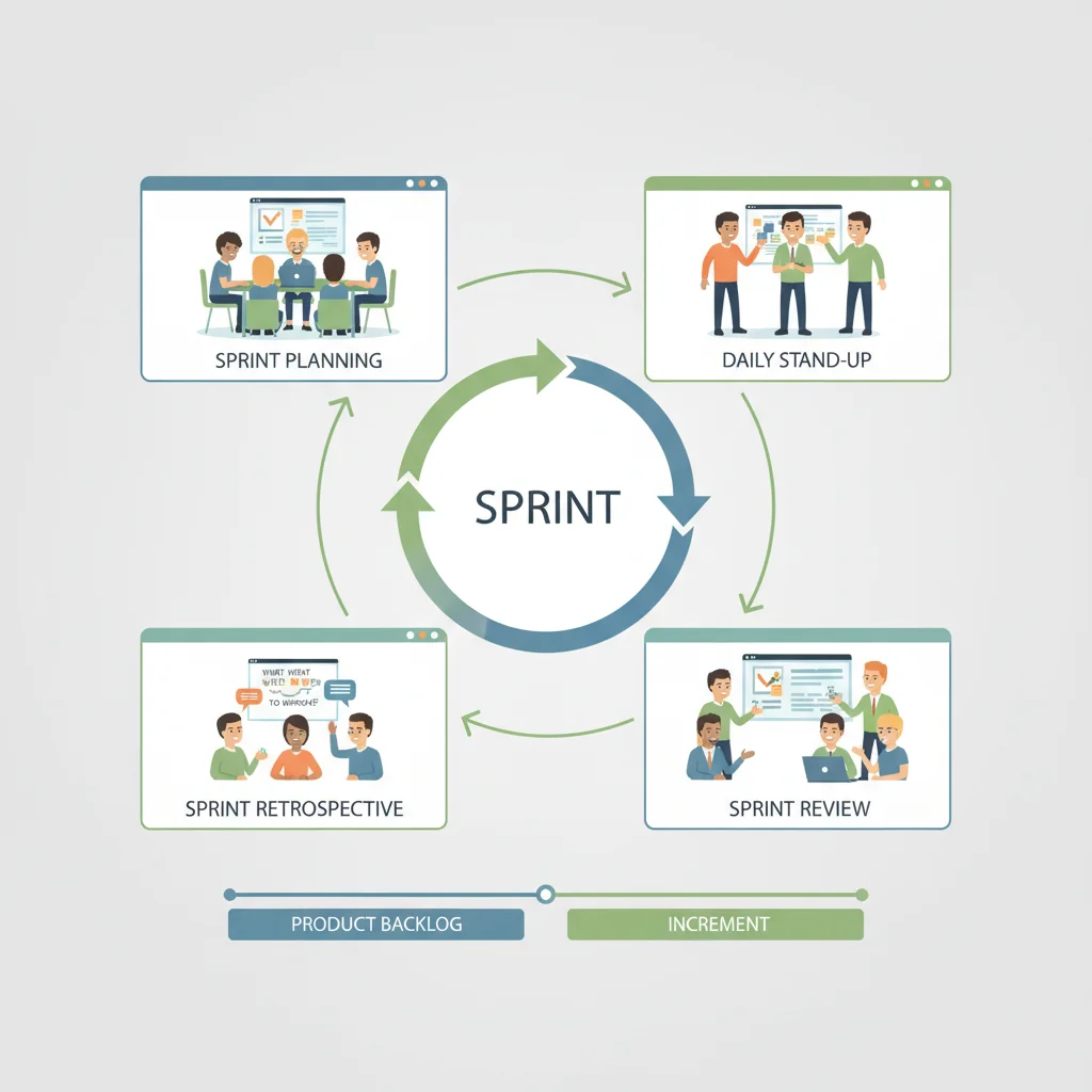 Scrum framework illustration with team members engaged in different phases
