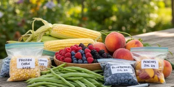 Colorful bounty of fresh seasonal produce ready for freezing, showcasing various fruits and vegetables on a wooden surface.