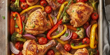 Colorful sheet pan dinner with roasted chicken and vegetables