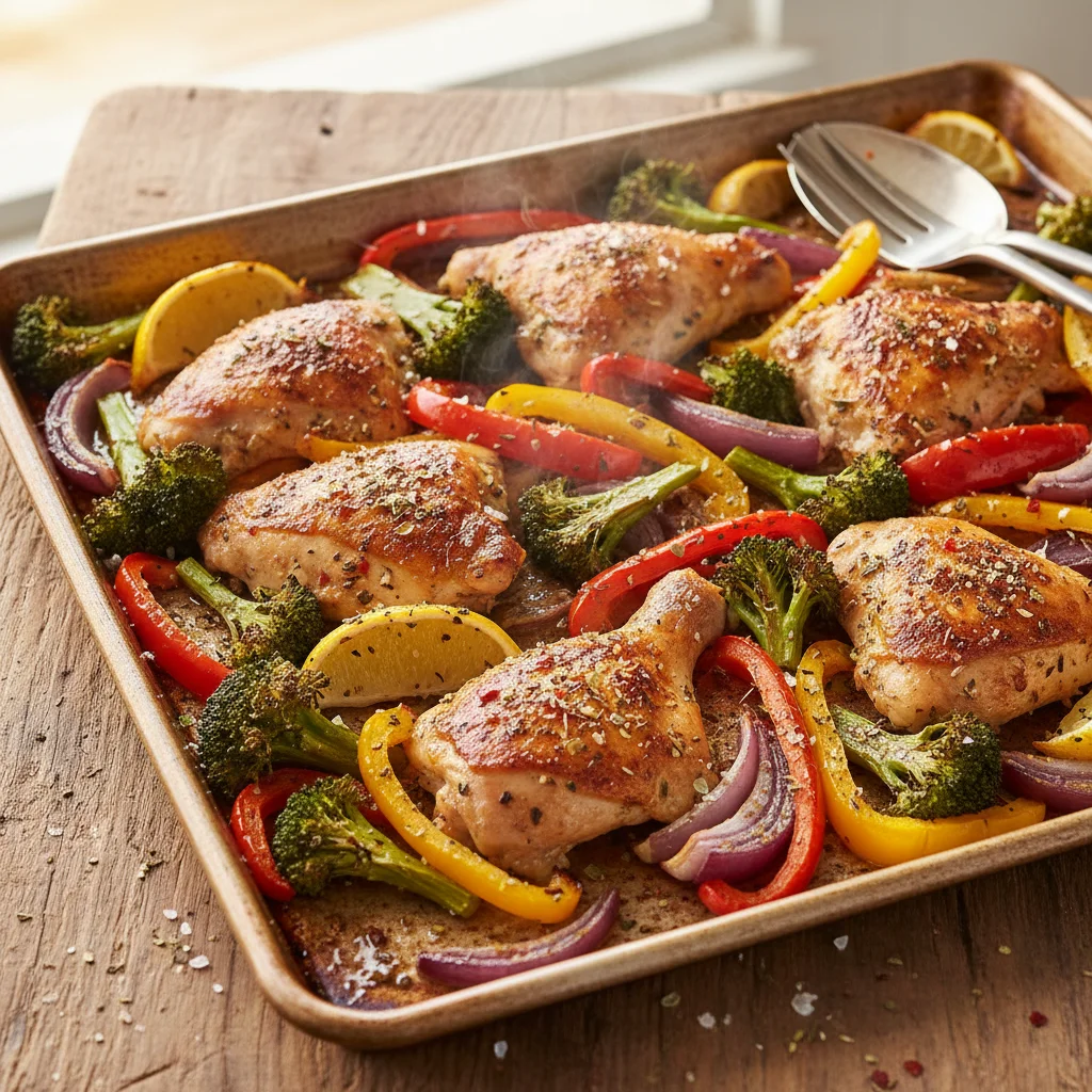 Sheet pan chicken and roasted vegetables, an easy and healthy dinner.