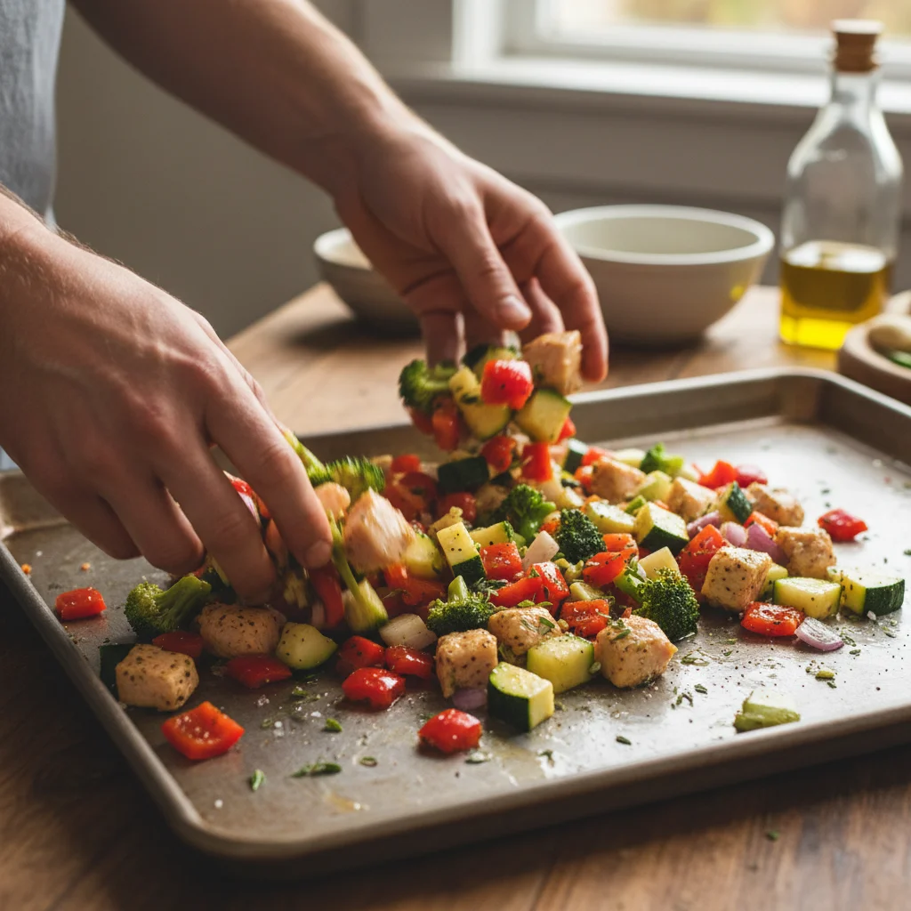 Preparing ingredients for sheet pan meal