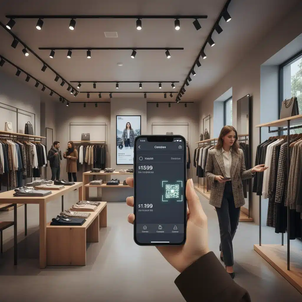 Shopper comparing prices on smartphone in a modern clothing store, embodying smart consumerism.