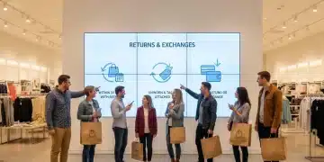 Shoppers reviewing digital retail return policy information in a modern store environment