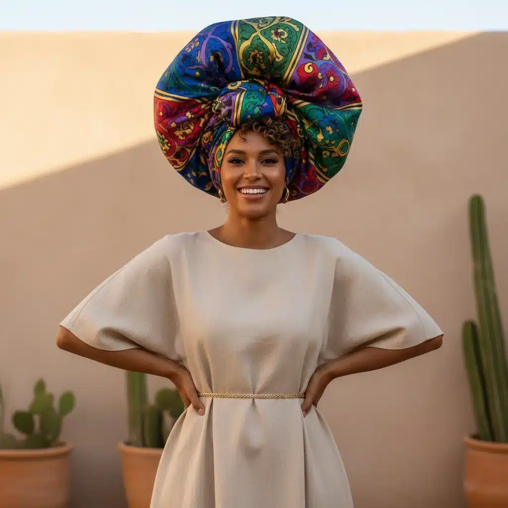Woman wearing a colorful patterned silk scarf as a stylish head wrap