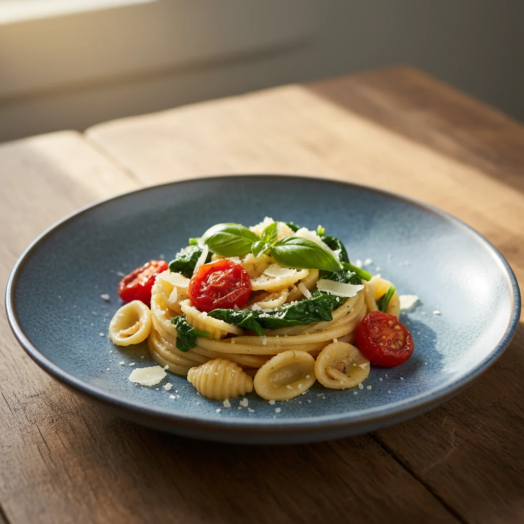 Delicious and simple 5-ingredient pasta dish beautifully plated.