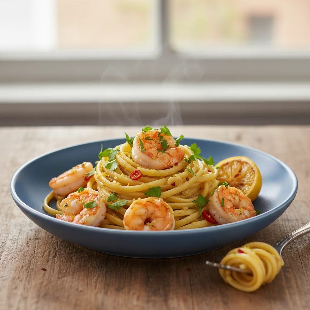 Delicious single serving lemon garlic shrimp pasta dish