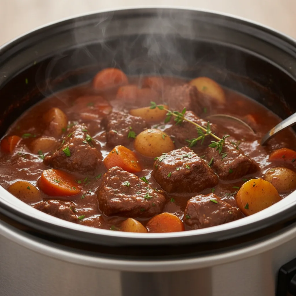 Hearty beef stew simmering in a slow cooker