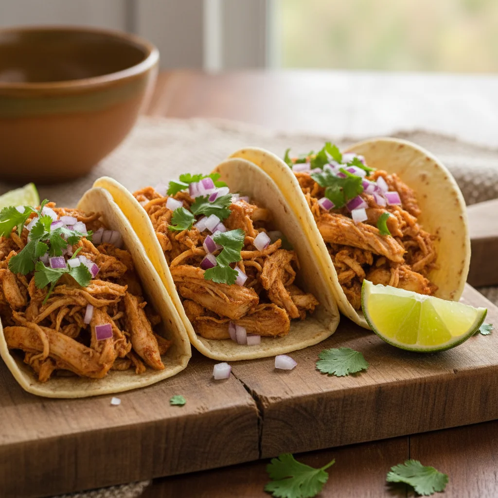 Delicious slow cooker chicken tacos on a wooden board