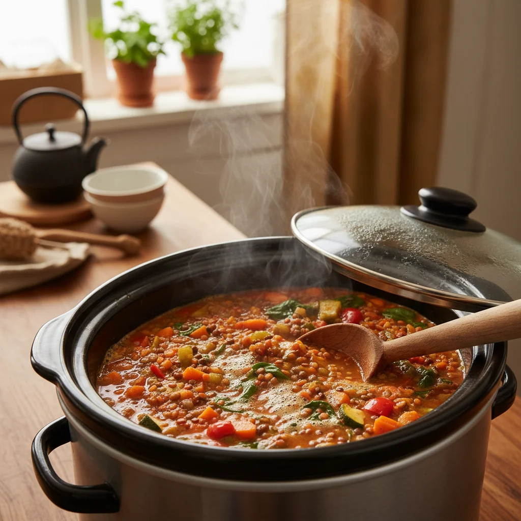 Vegetable lentil stew simmering in a slow cooker.