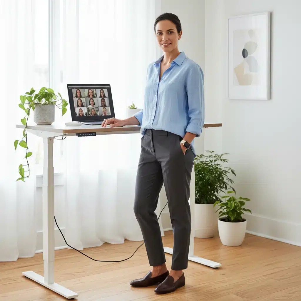 Person in tailored joggers and a crisp shirt, demonstrating a smart casual hybrid work-from-home outfit for virtual meetings.