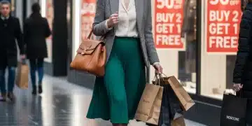Woman happily shopping with sale bags, representing smart fashion purchases