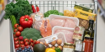 Organized grocery cart with fresh produce and healthy ingredients, symbolizing smart shopping for quick meals.