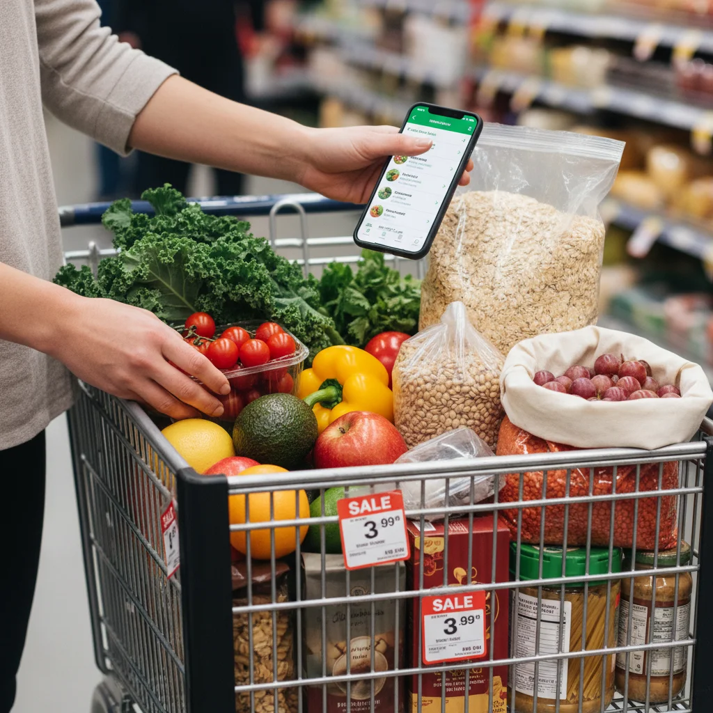 Smart grocery shopping cart organization with digital coupons
