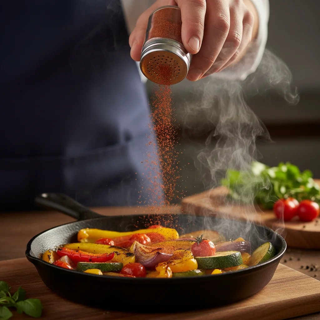 Chef sprinkling smoked paprika over vegetables