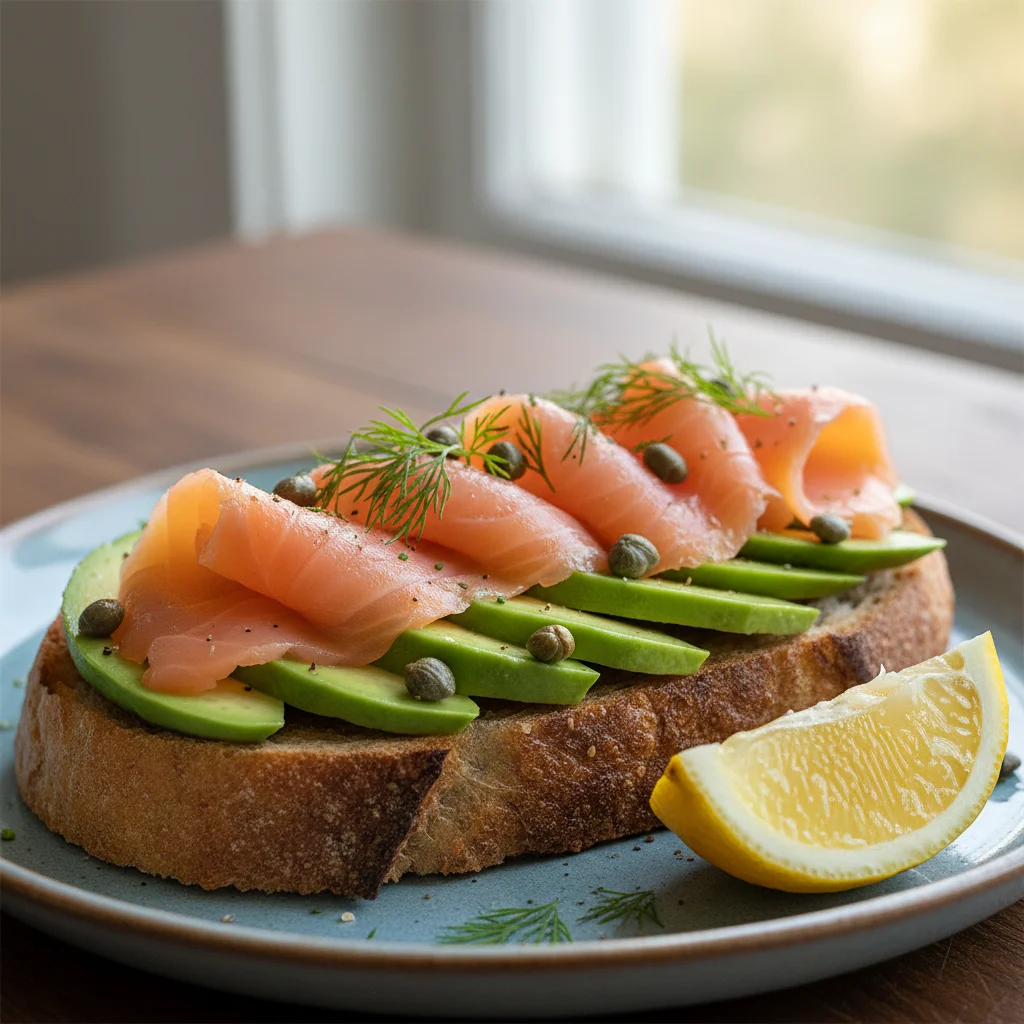 Smoked salmon avocado toast with fresh dill and capers